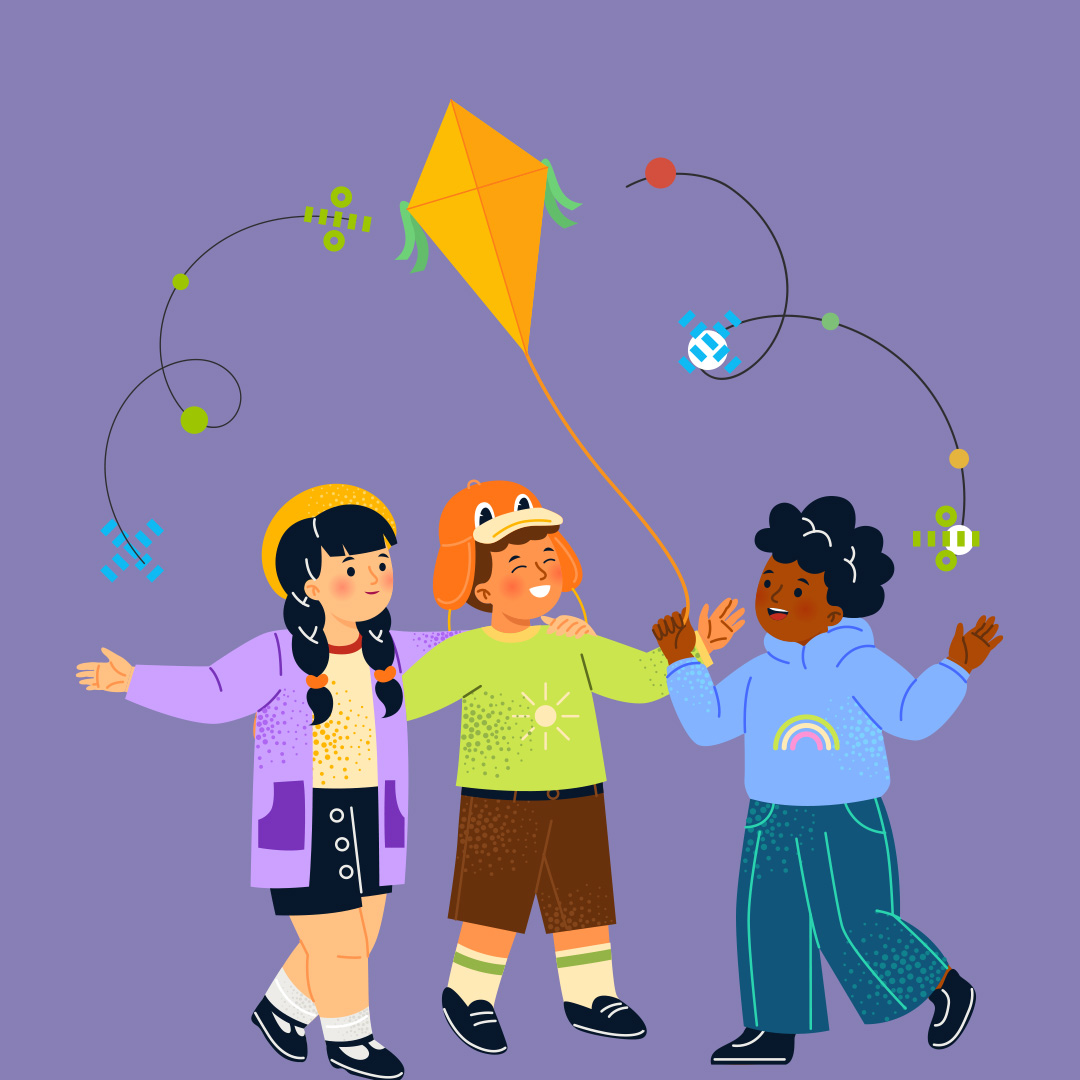 A small diverse group of children laugh and yell in delight while flying their vibrant kite amongst whimsical math symbols.