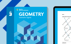 A mathematics textbook titled Algebra 1 lies next to a tablet displaying geometrical diagrams and notes, representing a modern blend of traditional and digital educational tools.