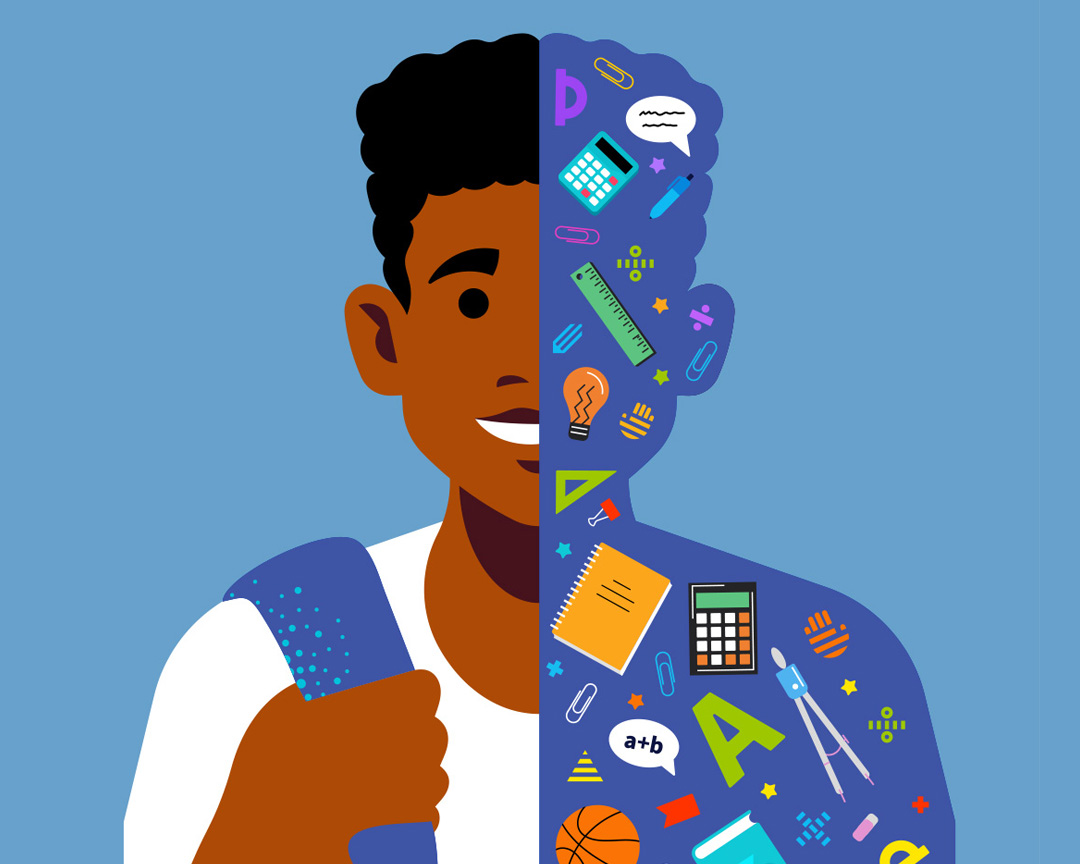 A vector illustration of a young dark skinned student holding their backpack. A vibrant burst of educational icons and symbols is collaged onto one half of their body.
