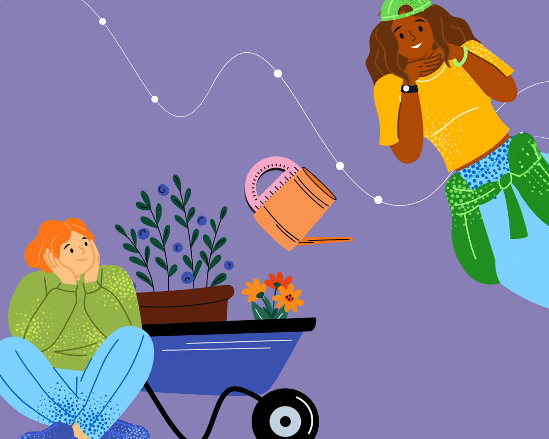 A vector illustration of two figures: a light skin toned woman sit next to a wheelbarrow full of various plants in peaceful daydreaming, while her companion, a darker skin toned student smiles as she held up the watering can. Math symbols are in the background.