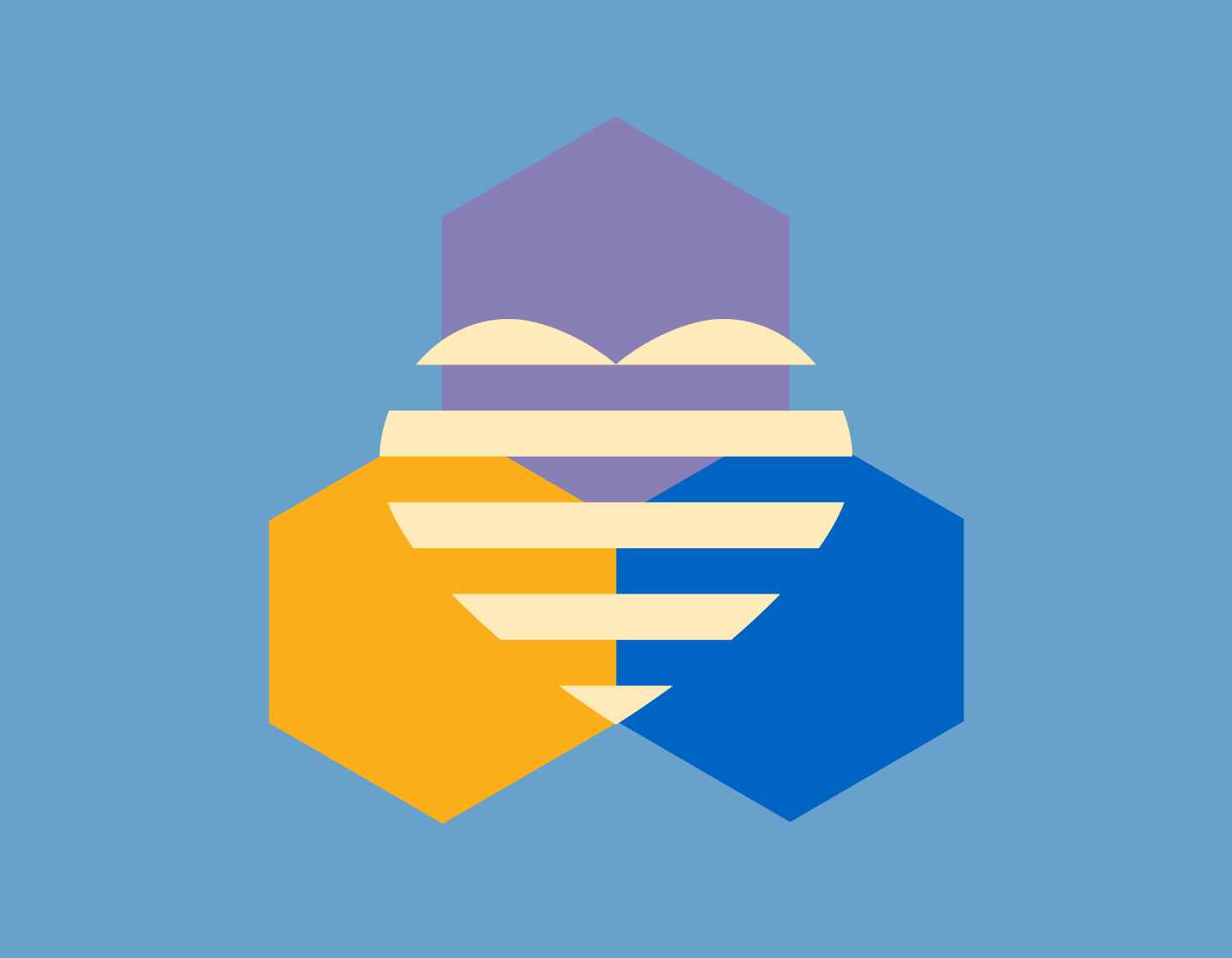 A flat graphic with several honey comb shaped icons on it connect beneath a graphic heart shape.
