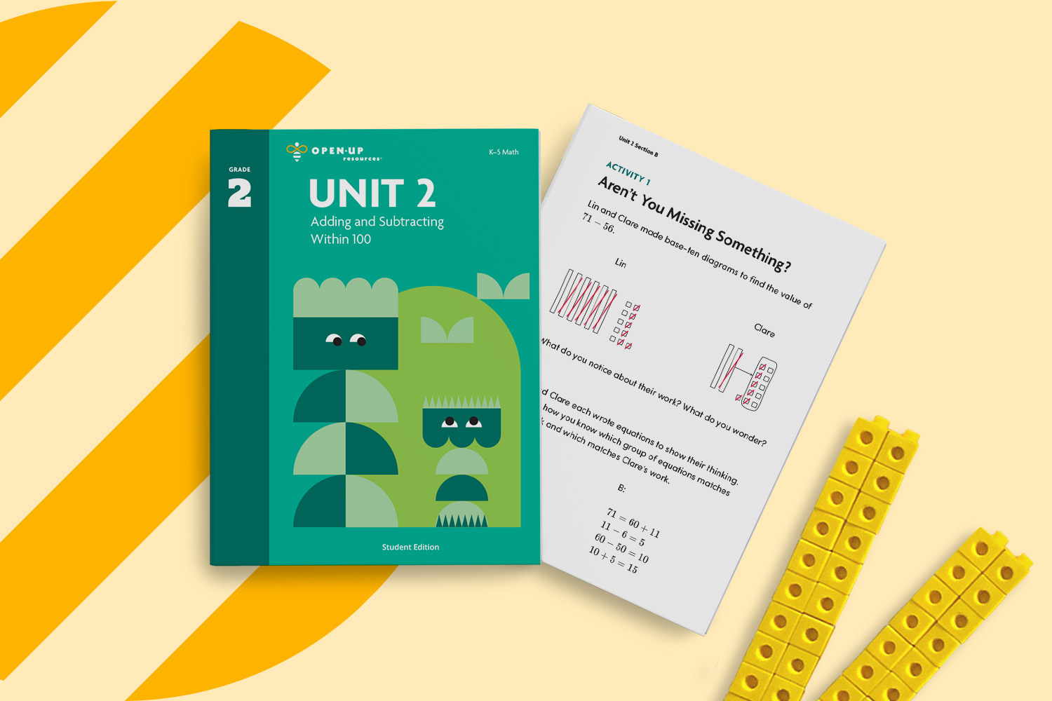 The cover and inside page of a K-5 Math book alongside some colorful counting blocks.