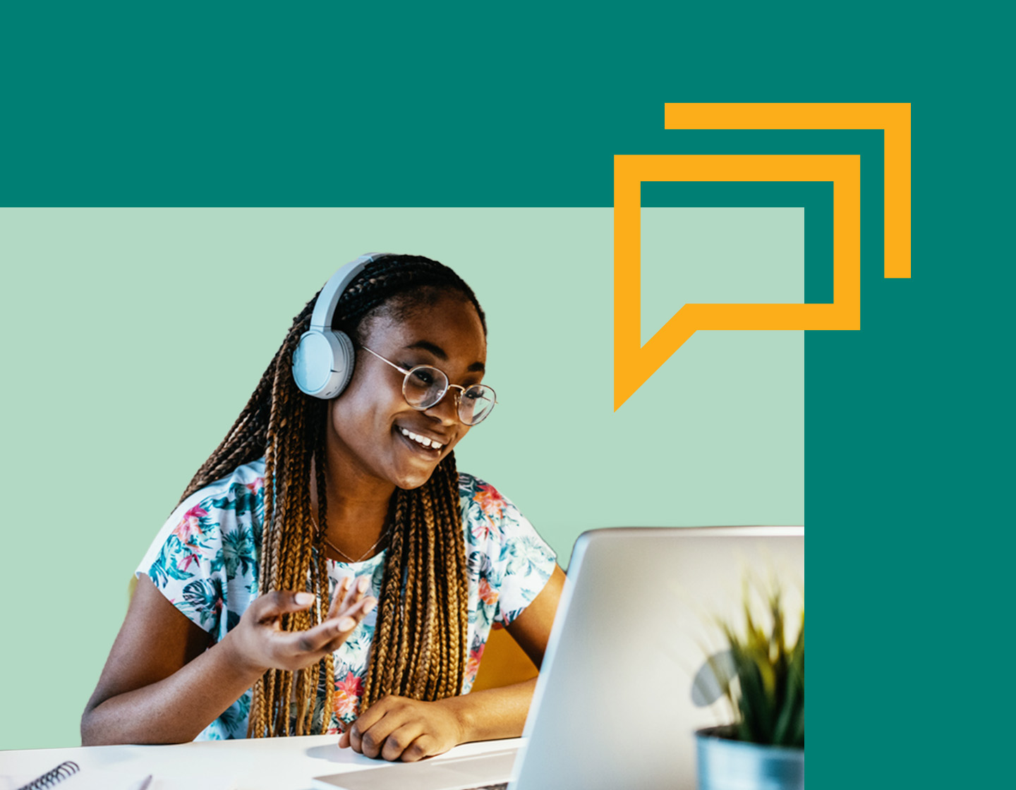 A cheerful, dark skin toned woman with braided hair wearing headphones and glasses engages in an online conversation or video call on her laptop, with a stylish geometric design in the corner against a split green and teal background.