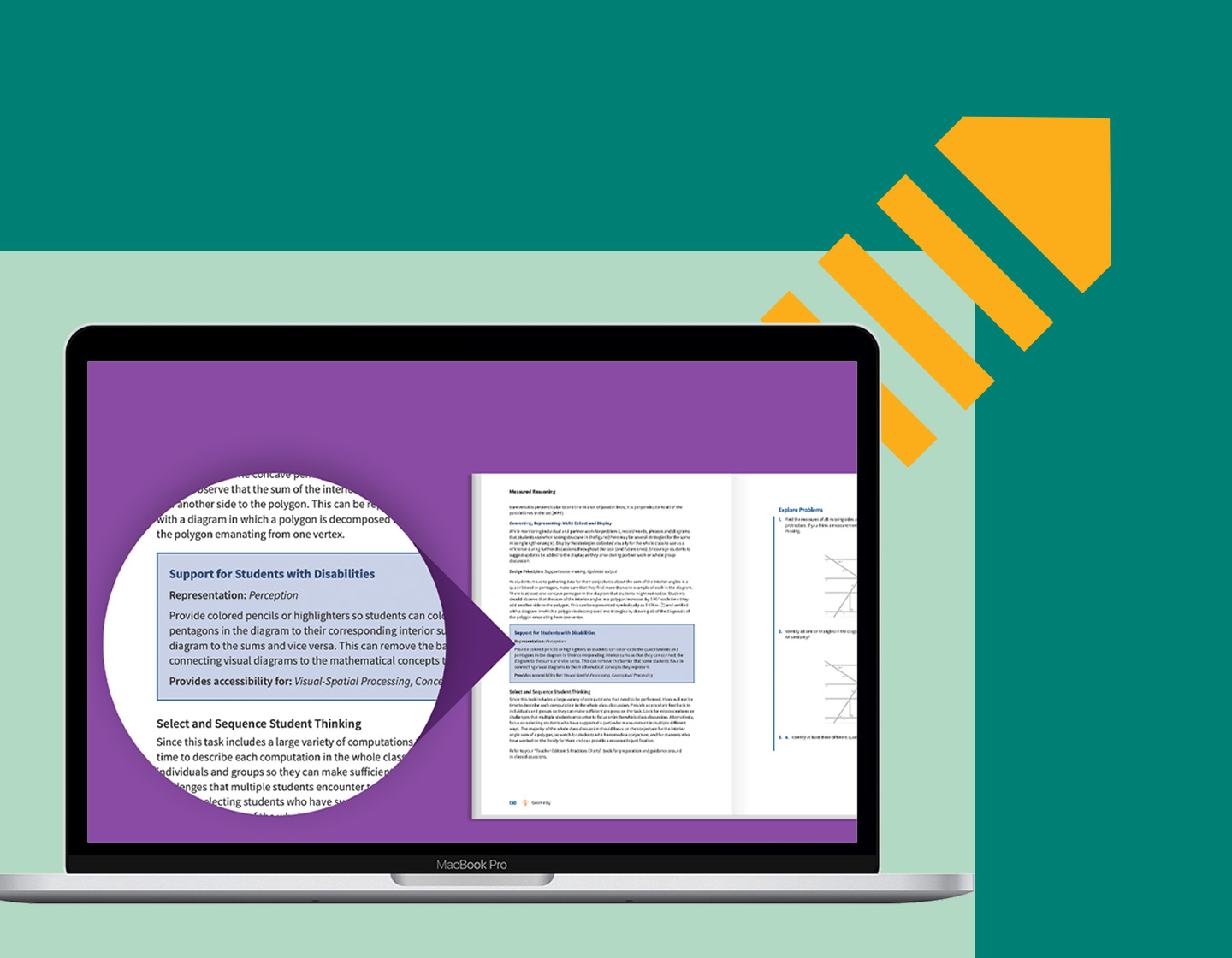A graphic highlighting a laptop that shows a focused area of one of the pages from an OUR curriculum text.